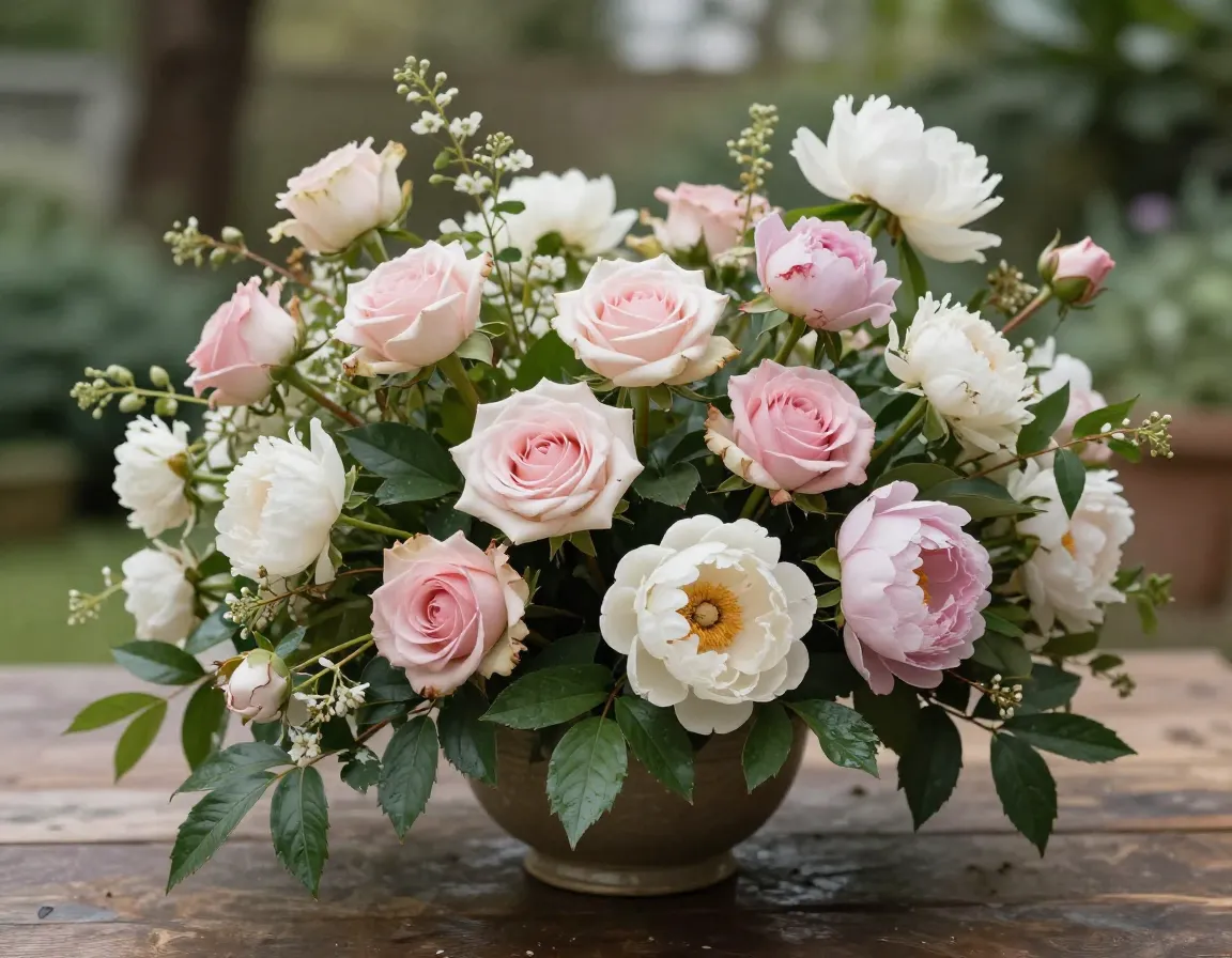 Garden Elegance arrangement with roses and peonies